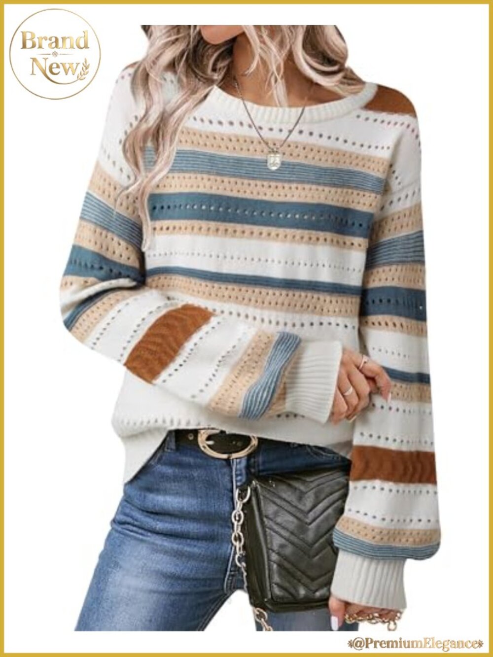 Women's Fair Isle Knit Pullover Sweater - Color Block Lantern Sleeve